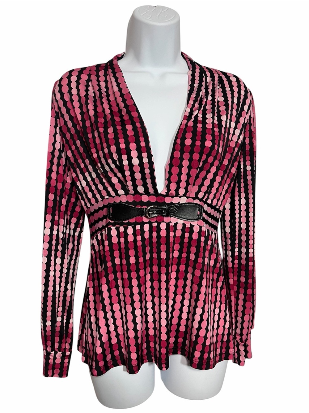 Vintage Y2K WetSeal Pink Polka Dot Deep V Long Sleeve Top Size Small Going Out